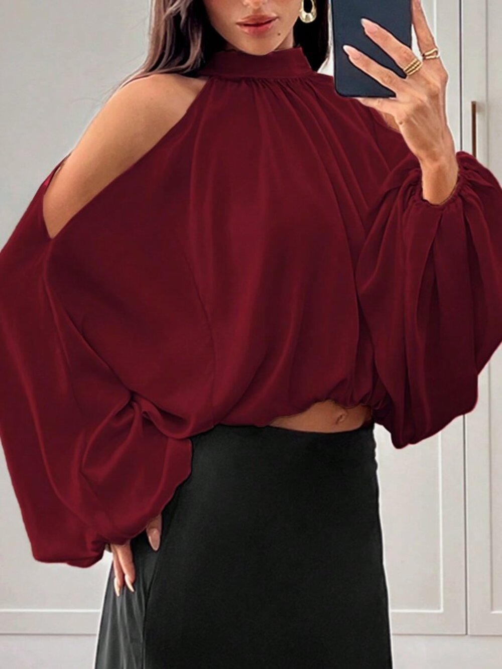Burgundy Sexy Women's Long Sleeve Puff Sleeve Elegant Party Blouse - Picture 7 of 7